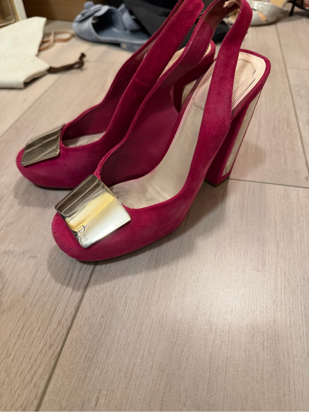 Christian Dior Vintage Fuchsia Slingback Suede Heels With Mirror Accent